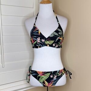 Kona Sol Black Tropical Floral Halter Tie-Side Bikini